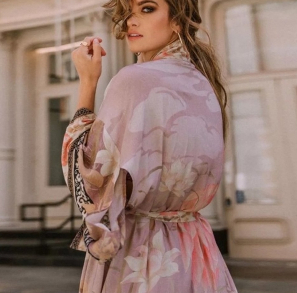 NEW Bohemian Vintage Floral Kimono Maxi Duster Dusty Pink Black - Picture 6 of 9
